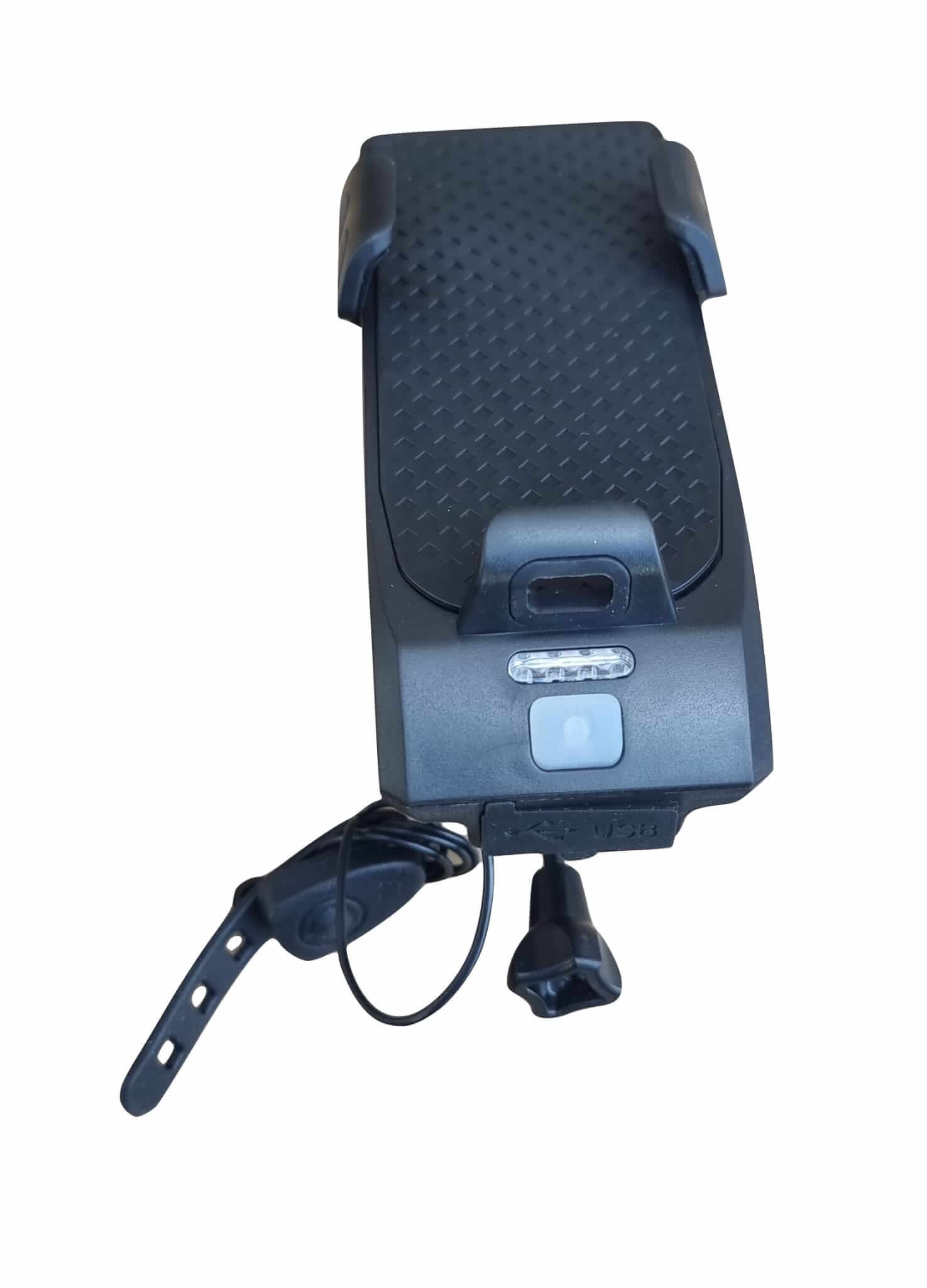 פנס עם צופר ומחזיק טלפון שחור נטען