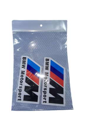 זוג מדבקות עם הכיתוב בשחור BMW MOTORSPORT ומעל 3 פסים לאורך בצבעים אדום כחול ותכלת
