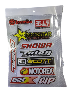 10 מדבקות. מדבקה אחת אדומה עם הכיתוב BREMBO ועיגול אדום ובתוכו שחור. מדבקה אדומה עם הכיתוב בלבן E=47 ובשחור מתחת כיתוב YOSHIMURA. מדבקה אחת עם כוכב צהוב ובתוכו כיתוב R ו R בכתב מראה וצמוד אליו כיתוב ROCKSTAR צהוב על רקע שחור ומתחת הכיתוב ENERGY DRINK באדום. מדבקה אדומה עם הכיתוב SHOWA על רקע לבן. מדבקה לבנה עם רקע שחור כיתוב TALON ומתחת HUBS & SPROCKETS. מדבקה שחורה עם ריבוע לבן ובתוכו גל, ולצדו הכיתוב SCOTT בצהוב. מדבקה אדום ושחור עם כיתוב בלבן ONEAL. מדבקה אדומה עם כיתוב בלבן MOTOREX ולהבה צהובה עם פס שחור בפנים לאורך. מדבקה לבנה עם הכיתוב בשחור SUSPENSION ומתחת הכיתוב WP בלבן. מדבקה אדומה עם X בצבע ורוד צהוב והכיתוב RACER בלבן ומתחת הכיתוב בשחור ILLUSTRATED