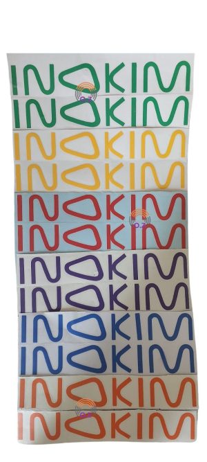 12 מדבקות עם הכתוב של INOKIM, 2 מכל צבע: ירוק, צהוב, אדום, סגול, כחול, כתום